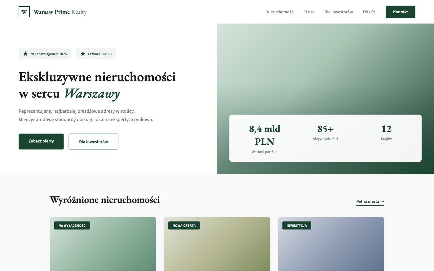 Strona biura nieruchomości, styl ekskluzywny premium